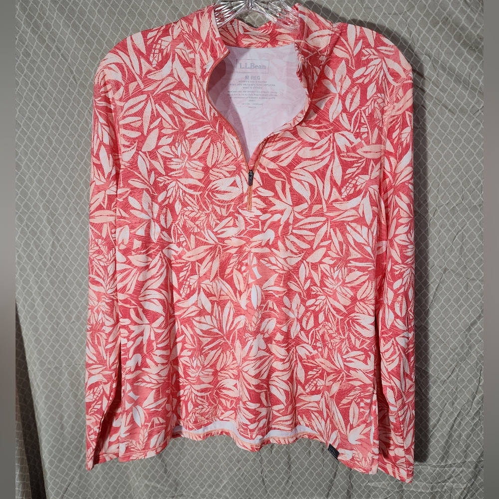 L.L. Bean Orange Leaf Print 1/4 Zip Long Sleeve Women's Jacket Medium